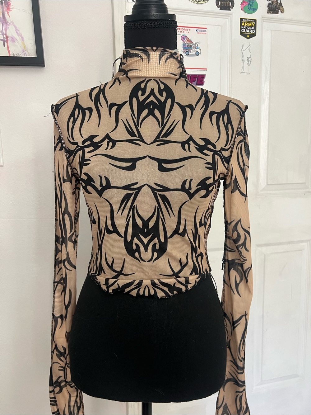Women's Long Sleeve Mesh Mock Neck Top in Beige and Black - Picture 2 of 9